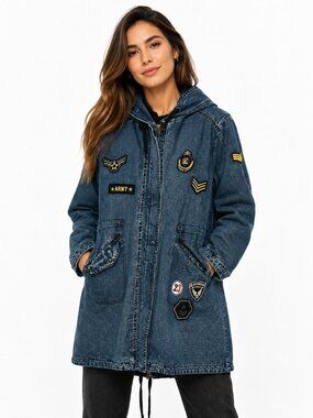 Vintage Style Military Patch Denim Oxygen Parka Jacket Drawstring Hooded Long